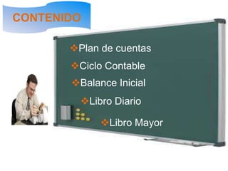 CONTENIDO
Plan de cuentas
Ciclo Contable
Balance Inicial
Libro Diario
Libro Mayor
 