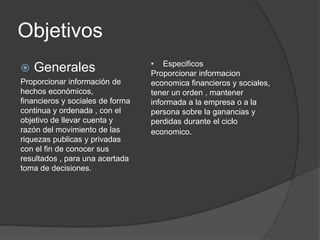 Objetivos
 Generales
Proporcionar información de
hechos económicos,
financieros y sociales de forma
continua y ordenada , con el
objetivo de llevar cuenta y
razón del movimiento de las
riquezas publicas y privadas
con el fin de conocer sus
resultados , para una acertada
toma de decisiones.
• Especificos
Proporcionar informacion
economica financieros y sociales,
tener un orden , mantener
informada a la empresa o a la
persona sobre la ganancias y
perdidas durante el ciclo
economico.
 