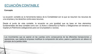 ECUACIÓN CONTABLE
Concepto
La ecuación contable es la herramienta básica de la Contabilidad con la que se resumen los recursos de
una empresa y los derechos contra esos recursos.
Desde el punto de vista contable, la ecuación es una igualdad que se basa en tres elementos
fundamentales del área contable como son: a) Activo o Derechos b) Pasivo u Obligaciones con terceros c)
Capital y/o Patrimonio (obligaciones para con el propietario o socios).
Los movimientos que se operan en las cuentas como consecuencia de las diferentes transacciones u
operaciones, que realiza la empresa modifican la composición del activo, pasivo y patrimonio sin alterar el
principio de la partida doble
 