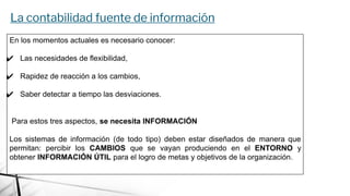 La contabilidad fuente de información
En los momentos actuales es necesario conocer:
✔ Las necesidades de flexibilidad,
✔ Rapidez de reacción a los cambios,
✔ Saber detectar a tiempo las desviaciones.
Para estos tres aspectos, se necesita INFORMACIÓN
Los sistemas de información (de todo tipo) deben estar diseñados de manera que
permitan: percibir los CAMBIOS que se vayan produciendo en el ENTORNO y
obtener INFORMACIÓN ÚTIL para el logro de metas y objetivos de la organización.
 