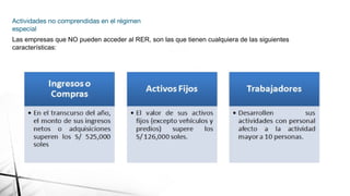 Actividades no comprendidas en el régimen
especial
Las empresas que NO pueden acceder al RER, son las que tienen cualquiera de las siguientes
características:
 