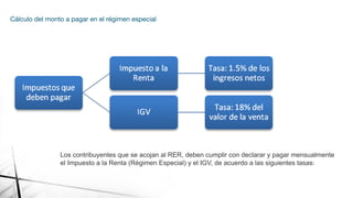 Cálculo del monto a pagar en el régimen especial
Los contribuyentes que se acojan al RER, deben cumplir con declarar y pagar mensualmente
el Impuesto a la Renta (Régimen Especial) y el IGV, de acuerdo a las siguientes tasas:
 