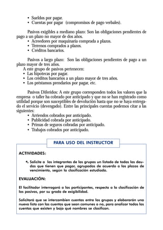 • Sueldos por pagar.
      • Cuentas por pagar (compromisos de pago verbales).

      Pasivos exigibles a mediano plazo: Son las obligaciones pendientes de
pago a un plazo no mayor de dos años.
      • Acreedores por maquinaria comprada a plazos.
      • Terrenos comprados a plazos.
      • Créditos bancarios.

      Pasivos a largo plazo: Son las obligaciones pendientes de pago a un
plazo mayor de tres años.
    A este grupo de pasivos pertenecen:
    • Las hipotecas por pagar.
    • Los créditos bancarios a un plazo mayor de tres años.
    • Los préstamos prendarios por pagar, etc.

       Pasivos Diferidos: A este grupo corresponden todos los valores que la
empresa o taller ha cobrado por anticipado y que no se han registrado como
utilidad porque son susceptibles de devolución hasta que no se haya entrega-
do el servicio (devengado). Entre las principales cuentas podemos citar a las
siguientes:
       • Arriendos cobrados por anticipado.
       • Publicidad cobrada por anticipado.
       • Primas de seguros cobradas por anticipado.
       • Trabajos cobrados por anticipado.

                      PARA USO DEL INSTRUCTOR

 ACTIVIDADES:

     Æ Solicite a los integrantes de los grupos un listado de todas las deu-
       das que tienen que pagar, agrupadas de acuerdo a los plazos de
       vencimiento, según la clasificación estudiada.

 EVALUACIÓN:

 El facilitador interrogará a los participantes, respecto a la clasificación de
 los pasivos, por su grado de exigibilidad.

 Solicitará que se intercambien cuentas entre los grupos y elaborarán una
 nueva lista con las cuentas que sean comunes o no, para analizar todas las
 cuentas que existen y bajo qué nombres se clasifican.
 