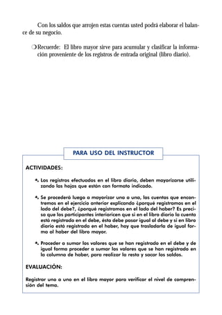 Con los saldos que arrojen estas cuentas usted podrá elaborar el balan-
ce de su negocio.

   r Recuerde: El libro mayor sirve para acumular y clasificar la informa-
     ción proveniente de los registros de entrada original (libro diario).




                      PARA USO DEL INSTRUCTOR

 ACTIVIDADES:

     Æ Los registros efectuados en el libro diario, deben mayorizarse utili-
       zando las hojas que están con formato indicado.

     Æ Se procederá luego a mayorizar una a una, las cuentas que encon-
       tremos en el ejercicio anterior explicando ¿porqué registramos en el
       lado del debe?, ¿porqué registramos en el lado del haber? Es preci-
       so que los participantes interioricen que si en el libro diario la cuenta
       está registrada en el debe, ésta debe pasar igual al debe y si en libro
       diario está registrada en el haber, hay que trasladarla de igual for-
       ma al haber del libro mayor.

     Æ Proceder a sumar los valores que se han registrado en el debe y de
       igual forma proceder a sumar los valores que se han registrado en
       la columna de haber, para realizar la resta y sacar los saldos.

 EVALUACIÓN:

 Registrar uno a uno en el libro mayor para verificar el nivel de compren-
 sión del tema.
 