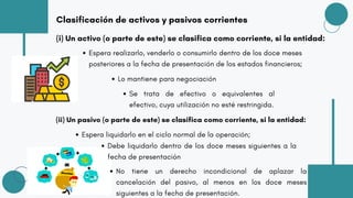 Clasificación de activos y pasivos corrientes
(i) Un activo (o parte de este) se clasifica como corriente, si la entidad:
Espera realizarlo, venderlo o consumirlo dentro de los doce meses
posteriores a la fecha de presentación de los estados financieros;
Lo mantiene para negociación
Se trata de efectivo o equivalentes al
efectivo, cuya utilización no esté restringida.
(ii) Un pasivo (o parte de este) se clasifica como corriente, si la entidad:
Espera liquidarlo en el ciclo normal de la operación;
Debe liquidarlo dentro de los doce meses siguientes a la
fecha de presentación
No tiene un derecho incondicional de aplazar la
cancelación del pasivo, al menos en los doce meses
siguientes a la fecha de presentación.
 