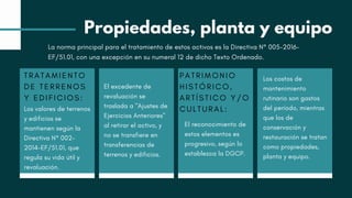 Propiedades, planta y equipo
TRATAMIENTO
DE TERRENOS
Y EDIFICIOS:
Los valores de terrenos
y edificios se
mantienen según la
Directiva N° 002-
2014-EF/51.01, que
regula su vida útil y
revaluación.
El excedente de
revaluación se
traslada a "Ajustes de
Ejercicios Anteriores"
al retirar el activo, y
no se transfiere en
transferencias de
terrenos y edificios.
PATRIMONIO
HISTÓRICO,
ARTÍSTICO Y/O
CULTURAL:
El reconocimiento de
estos elementos es
progresivo, según lo
establezca la DGCP.
Los costos de
mantenimiento
rutinario son gastos
del período, mientras
que los de
conservación y
restauración se tratan
como propiedades,
planta y equipo.
La norma principal para el tratamiento de estos activos es la Directiva N° 005-2016-
EF/51.01, con una excepción en su numeral 12 de dicho Texto Ordenado.
 