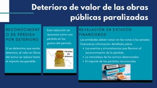 RECONOCIMIENT
O DE PÉRDIDA
POR DETERIORO
Si se determina que existe
deterioro, el valor en libros
del activo se reduce hasta
el importe recuperable.
Esta reducción se
reconoce como una
pérdida en los
gastos del período.
REVELACIÓN EN ESTADOS
FINANCIEROS
Las entidades deben incluir en las notas a los estados
financieros información detallada sobre:
Los eventos y circunstancias que llevaron al
reconocimiento de la pérdida.
La naturaleza de los activos deteriorados
El importe de las pérdidas reconocidas
Deterioro de valor de las obras
públicas paralizadas
 