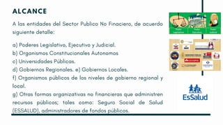 ALCANCE
A las entidades del Sector Publico No Finaciero, de acuerdo
siguiente detalle:
a) Poderes Legislativo, Ejecutivo y Judicial.
b) Organismos Constitucionales Autonomos
c) Universidades Públicas.
d) Gobiernos Regionales. e) Gobiernos Locales.
f) Organismos públicos de los niveles de gobierno regional y
local.
g) Otras formas organizativas no financieras que administren
recursos públicos; tales como: Seguro Social de Salud
(ESSALUD), administradores de fondos públicos.
 