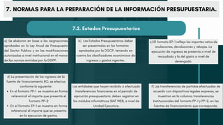a) Se elaboran en base a las asignaciones
aprobadas en la Ley Anual de Presupuesto
del Sector Publico y en las modificaciones
autorizadas a nivel institucional en el marco
de las normas emitidas por la DGPP.
d) La presentación de los ingresos de la
fuente de financiamiento RO, se efectua
conforme lo siguiente:
En el formato PP-1 se muestra en forma
referencial el importe que presenta el
formato PP-2
En el formato EP-1 se muestra en forma
referencial el importe que se presenta
en la ejecucion de gastos.
b) Los Estados Presupuestarios deber
ser presentados en los formatos
aprobados por la DGCP, teniendo en
cuenta los clasificadores económicos de
ingresos y gastos vigentes.
Las entidades que hayan recibido o efectuado
transferencias financieras en el periodo de
ejecución presupuestaria, deben registrar en
los módulos informáticos SIAF WEB, a nivel de
Unidad Ejecutora.
c) El formato EP-1 refleja los importes netos de
anulaciones, devoluciones y rebajas. La
ejecución de ingresos se presenta a nivel de
recaudado y la del gasto a nivel de
devengado.
f) Las transferencias de partidas efectuadas de
acuerdo con dispositivos legales expresos, se
muestran en la columna transferencias
Institucionales del formato PP-1 y PP-2, en las
fuentes de financiamiento que corresponda.
7. NORMAS PARA LA PREPARACIÓN DE LA INFORMACIÓN PRESUPUESTARIA.
7.2. Estados Presupuestarios
 