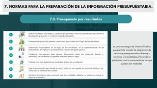 7. NORMAS PARA LA PREPARACIÓN DE LA INFORMACIÓN PRESUPUESTARIA.
7.3. Presupuesto por resultados
es una estrategia de Gestión Publica
que permite vincular la asignación de
recursos presupuestales a bienes y
servicios y a resultados a favor de la
población, con la característica de que
puedan ser medibles
 