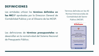 DEFINICIONES
Las entidades utilizan los términos definidos en
las NICSP aprobadas por la Direccion General de
Contabilidad Publica y en el Glosario de las NICSP.
Las definiciones de términos presupuestales se
desarrollan en la normatividad del Sistema Nacional
de Presupuesto Público.
Términos definidos en las 42
Normas Internacionales de
Contabilidad del Sector
Público (NICSP)
 