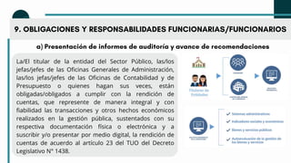 9. OBLIGACIONES Y RESPONSABILIDADES FUNCIONARIAS/FUNCIONARIOS
a) Presentación de informes de auditoría y avance de recomendaciones
La/El titular de la entidad del Sector Público, las/los
jefas/jefes de las Oficinas Generales de Administración,
las/los jefas/jefes de las Oficinas de Contabilidad y de
Presupuesto o quienes hagan sus veces, están
obligadas/obligados a cumplir con la rendición de
cuentas, que represente de manera integral y con
fiabilidad las transacciones y otros hechos económicos
realizados en la gestión pública, sustentados con su
respectiva documentación física o electrónica y a
suscribir y/o presentar por medio digital, la rendición de
cuentas de acuerdo al artículo 23 del TUO del Decreto
Legislativo N° 1438.
 