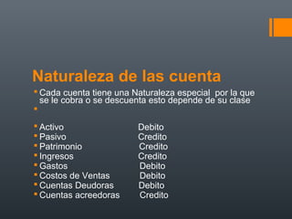 Naturaleza de las cuenta
 Cada cuenta tiene una Naturaleza especial por la que
se le cobra o se descuenta esto depende de su clase

 Activo Debito
 Pasivo Credito
 Patrimonio Credito
 Ingresos Credito
 Gastos Debito
 Costos de Ventas Debito
 Cuentas Deudoras Debito
 Cuentas acreedoras Credito
 