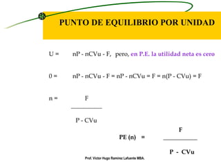 PUNTO DE EQUILIBRIO POR UNIDAD U =  nP - nCVu - F, pero,  en P.E. la utilidad neta es cero 0 =   nP - nCVu - F = nP - nCVu = F = n(P - CVu) = F n =   F __________   P - CVu   F PE (n) = ___________   P  -  CVu Prof. Víctor Hugo Ramírez Lafuente MBA. 
