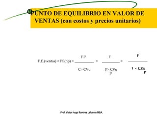 PUNTO DE EQUILIBRIO EN VALOR DE VENTAS (con costos y precios unitarios)   F ___________   1  -  CVu P   F.P.   F P.E.(ventas) = PE(np) = ___________  =  __________ =   C - CVu   P - CVu   P Prof. Víctor Hugo Ramírez Lafuente MBA. 