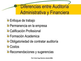 Diferencias entre Auditoría Administrativa y Financiera Enfoque de trabajo Permanencia en la empresa Calificación Profesional Formación Academica Obligatoriedad de contratar auditoría Costos Recomendaciones y sugerencias Prof. Víctor Hugo Ramírez Lafuente MBA. 