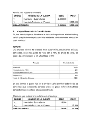 Asiento para registrar el inventario
CODIGO NOMBRE DE LA CUENTA DEBE HABER
14__
14__
Inventario – Subproductos
Inventario Productos en Proceso
3.000.000
3.000.000
SUMAS IGUALES 3.000.000 3.000.000
2. Cargo al Inventario al Costo Estimado
En este método al precio de venta se le deducen los gastos de administración y
ventas y la ganancia del producto, este método se conoce como el “método del
costo revertido”.
Ejemplo:
Una empresa produce 15 unidades de un subproducto, el cual vende a $2.000
por unidad, donde los gastos de venta son el 10% del precio de venta, los
gastos de administración el 5% y la utilidad el 20%
Producto Precio de Venta
Producto A 2,000
Gastos de Ventas (10%) 200
Gastos de Administración (5%) 100
Utilidad (20%) 400
Costo de Fabricación Estimado 1,300
.
En este ejemplo lo que se hizo fue al precio de venta disminuir cada uno de los
porcentajes que correspondía por cada uno de los gastos incluyendo la utilidad
para determinar el costo de fabricación estimado.
El asiento para registrar el inventario sería el siguiente
CODIGO NOMBRE DE LA CUENTA DEBE HABER
14__
14__
Inventario – Subproductos
Inventario Productos en Proceso
19.500
19.500
SUMAS IGUALES 19.500 19.500
 