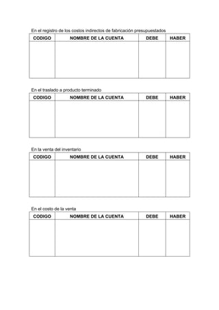 En el registro de los costos indirectos de fabricación presupuestados
CODIGO NOMBRE DE LA CUENTA DEBE HABER
En el traslado a producto terminado
CODIGO NOMBRE DE LA CUENTA DEBE HABER
En la venta del inventario
CODIGO NOMBRE DE LA CUENTA DEBE HABER
En el costo de la venta
CODIGO NOMBRE DE LA CUENTA DEBE HABER
 