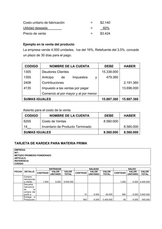 Costo unitario de fabricación = $2.140
Utilidad deseada = 60%
Precio de venta = $3.424
Ejemplo en la venta del producto
La empresa vende 4.000 unidades. Iva del 16%, Retefuente del 3,5%, concede
un plazo de 30 días para el pago.
CODIGO NOMBRE DE LA CUENTA DEBE HABER
1305
1355
2408
4135
Deudores Clientes
Anticipo de Impuestos y
Contribuciones
Impuesto a las ventas por pagar
Comercio al por mayor y al por menor
15.338.000
479.360
2.191.360
13.696.000
SUMAS IGUALES 15.887.360 15.887.360
Asiento para el costo de la venta
CODIGO NOMBRE DE LA CUENTA DEBE HABER
6205
14__
Costo de Ventas
Inventario de Producto Terminado
8.560.000
8.560.000
SUMAS IGUALES 8.560.000 8.560.000
TARJETA DE KARDEX PARA MATERIA PRIMA
EMPRESA
NIT.:
METODO PROMEDIO PONDERADO
ARTICULO
REFERENCIA
CODIGO
FECHA DETALLE
ENTRADAS SALIDAS SALDO
CANTIDAD
VALOR
UNITARIO
VALOR
TOTAL
CANTIDAD
VALOR
UNITARIO
VALOR
TOTAL
CANTIDAD
VALOR
UNITARIO
VALOR
TOTAL
Compra
mercancías
a crédito 1.000 6.000 6.000.000 1.000 6.000 6.000.000
Devuelve
mercancía
de la
compra del
punto a 10 6.000 60.000 990 6.000 5.940.000
Entrega a
Producción 900 6.000 5.400.000 90 6.000 540.000
 