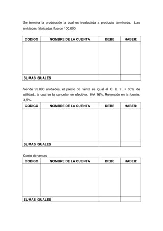 Se termina la producción la cual es trasladada a producto terminado. Las
unidades fabricadas fueron 100.000
CODIGO NOMBRE DE LA CUENTA DEBE HABER
SUMAS IGUALES
Vende 95.000 unidades, el precio de venta es igual al C. U. F. + 80% de
utilidad., la cual se la cancelan en efectivo. IVA 16%, Retención en la fuente:
3,5%.
CODIGO NOMBRE DE LA CUENTA DEBE HABER
SUMAS IGUALES
Costo de ventas
CODIGO NOMBRE DE LA CUENTA DEBE HABER
SUMAS IGUALES
 