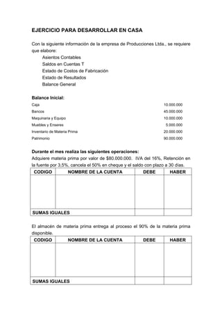 EJERCICIO PARA DESARROLLAR EN CASA
Con la siguiente información de la empresa de Producciones Ltda., se requiere
que elabore:
Asientos Contables
Saldos en Cuentas T
Estado de Costos de Fabricación
Estado de Resultados
Balance General
Balance Inicial:
Caja 10.000.000
Bancos 45.000.000
Maquinaria y Equipo 10.000.000
Muebles y Enseres 5.000.000
Inventario de Materia Prima 20.000.000
Patrimonio 90.000.000
Durante el mes realiza las siguientes operaciones:
Adquiere materia prima por valor de $80.000.000. IVA del 16%, Retención en
la fuente por 3,5%, cancela el 50% en cheque y el saldo con plazo a 30 días.
CODIGO NOMBRE DE LA CUENTA DEBE HABER
SUMAS IGUALES
El almacén de materia prima entrega al proceso el 90% de la materia prima
disponible.
CODIGO NOMBRE DE LA CUENTA DEBE HABER
SUMAS IGUALES
 