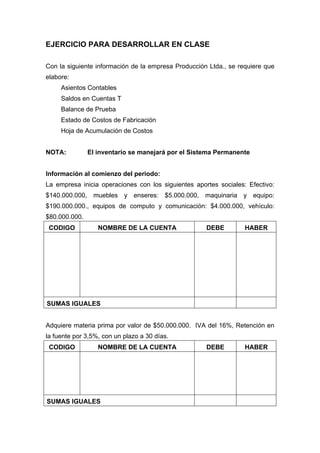 EJERCICIO PARA DESARROLLAR EN CLASE
Con la siguiente información de la empresa Producción Ltda., se requiere que
elabore:
Asientos Contables
Saldos en Cuentas T
Balance de Prueba
Estado de Costos de Fabricación
Hoja de Acumulación de Costos
NOTA: El inventario se manejará por el Sistema Permanente
Información al comienzo del periodo:
La empresa inicia operaciones con los siguientes aportes sociales: Efectivo:
$140.000.000, muebles y enseres: $5.000.000, maquinaria y equipo:
$190.000.000., equipos de computo y comunicación: $4.000.000, vehículo:
$80.000.000.
CODIGO NOMBRE DE LA CUENTA DEBE HABER
SUMAS IGUALES
Adquiere materia prima por valor de $50.000.000. IVA del 16%, Retención en
la fuente por 3,5%, con un plazo a 30 días.
CODIGO NOMBRE DE LA CUENTA DEBE HABER
SUMAS IGUALES
 
