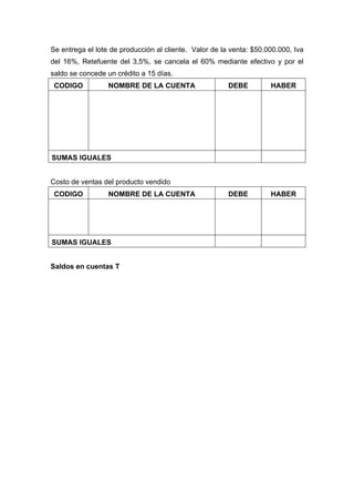Se entrega el lote de producción al cliente. Valor de la venta: $50.000.000, Iva
del 16%, Retefuente del 3,5%, se cancela el 60% mediante efectivo y por el
saldo se concede un crédito a 15 días.
CODIGO NOMBRE DE LA CUENTA DEBE HABER
SUMAS IGUALES
Costo de ventas del producto vendido
CODIGO NOMBRE DE LA CUENTA DEBE HABER
SUMAS IGUALES
Saldos en cuentas T
 