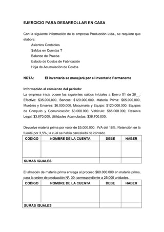 EJERCICIO PARA DESARROLLAR EN CASA
Con la siguiente información de la empresa Producción Ltda., se requiere que
elabore:
Asientos Contables
Saldos en Cuentas T
Balance de Prueba
Estado de Costos de Fabricación
Hoja de Acumulación de Costos
NOTA: El inventario se manejará por el Inventario Permanente
Información al comienzo del periodo:
La empresa inicia posee los siguientes saldos iníciales a Enero 01 de 20__:
Efectivo: $35.000.000, Bancos: $120.000.000, Materia Prima: $65.000.000,
Muebles y Enseres: $6.000.000, Maquinaria y Equipo: $120.000.000, Equipos
de Computo y Comunicación: $3.000.000, Vehículo: $65.000.000, Reserva
Legal: $3.670.000, Utilidades Acumuladas: $36.700.000.
Devuelve materia prima por valor de $5.000.000. IVA del 16%, Retención en la
fuente por 3,5%, la cual se había cancelado de contado.
CODIGO NOMBRE DE LA CUENTA DEBE HABER
SUMAS IGUALES
El almacén de materia prima entrega al proceso $60.000.000 en materia prima,
para la orden de producción Nº. 30, correspondiente a 25.000 unidades.
CODIGO NOMBRE DE LA CUENTA DEBE HABER
SUMAS IGUALES
 