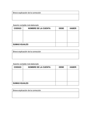 Breve explicación de la corrección
Asiento contable mal elaborado
CODIGO NOMBRE DE LA CUENTA DEBE HABER
SUMAS IGUALES
Breve explicación de la corrección
Asiento contable mal elaborado
CODIGO NOMBRE DE LA CUENTA DEBE HABER
SUMAS IGUALES
Breve explicación de la corrección
 