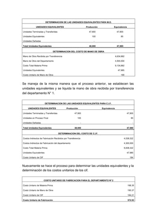 DETERMINACION DE LAS UNIDADES EQUIVALENTES PARA M.O.
UNIDADES EQUIVALENTES Producción Equivalencia
Unidades Terminadas y Transferidas 47,900 47,900
Unidades Equivalentes 100 85
Unidades Dañadas - -
Total Unidades Equivalentes 48,000 47,985
DETERMINACION DEL COSTO DE MANO DE OBRA
Mano de Obra Recibida por Transferencia 4,634,882
Mano de Obra del Departamento 4,500,000
Costo Total Materia Prima 9,134,882
Unidades Equivalentes 47,985
Costo Unitario de Mano de Obra 190
Se maneja de la misma manera que el proceso anterior, se establecen las
unidades equivalentes y se liquida la mano de obra recibida por transferencia
del departamento N° 1.
DETERMINACION DE LAS UNIDADES EQUIVALENTES PARA C.I.F.
UNIDADES EQUIVALENTES Producción Equivalencia
Unidades Terminadas y Transferidas 47,900 47,900
Unidades en Proceso Final 100 80
Unidades Dañadas - -
Total Unidades Equivalentes 48,000 47,980
DETERMINACION DEL COSTO DE C.I.F.
Costos Indirectos de Fabricación Recibidos por Transferencia 4,538,322
Costos Indirectos de Fabricación del departamento 4,300,000
Costo Total Materia Prima 8,838,322
Unidades Equivalentes 47,980
Costo Unitario de CIF 184
Nuevamente se hace el proceso para determinar las unidades equivalentes y la
determinación de los costos unitarios de los cif.
COSTO UNITARIO DE FABRICACION PARA EL DEPARTAMENTO Nº 2
Costo Unitario de Materia Prima 198.35
Costo Unitario de Mano de Obra 190.37
Costo Unitario de CIF 184.21
Costo Unitario de Fabricación 572.93
 