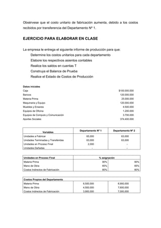 Obsérvese que el costo unitario de fabricación aumenta, debido a los costos
recibidos por transferencia del Departamento Nº 1.
EJERCICIO PARA ELABORAR EN CLASE
La empresa le entrega el siguiente informe de producción para que:
Determine los costos unitarios para cada departamento
Elabore los respectivos asientos contables
Realice los saldos en cuentas T
Construya el Balance de Prueba
Realice el Estado de Costos de Producción
Datos iniciales
Caja $100.000.000
Bancos 120.000.000
Materia Prima 25.000.000
Maquinaria y Equipo 120.000.000
Muebles y Enseres 4.500.000
Equipos de Oficina 1.200.000
Equipos de Computo y Comunicación 3.700.000
Aportes Sociales 374.400.000
Variables
Departamento Nº 1 Departamento Nº 2
Unidades a Fabricar 65,000 63,000
Unidades Terminadas y Transferidas 63,000 63,000
Unidades en Proceso Final 2,000 -
Unidades Dañadas - -
Unidades en Proceso Final % asignación
Materia Prima 90% 90%
Mano de Obra 85% 85%
Costos Indirectos de Fabricación 80% 80%
Costos Propios del Departamento
Materia Prima 6,500,000 8,900,000
Mano de Obra 4,500,000 7,600,000
Costos Indirectos de Fabricación 3,900,000 7,000,000
 