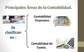Principales Áreas de la Contabilidad.
Se
clasifican
en :
Contabilidad
Financiera.
Contabilidad de
Costos.
 