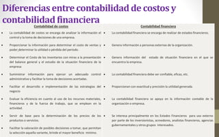 Diferenciasentre contabilidadde costos y
contabilidadfinancieraContabilidad de costos Contabilidad financiera
 La contabilidad de costos se encarga de analizar la información el
control y la toma de decisiones de una empresa.
 Proporcionar la información para determinar el costo de ventas y
poder determinar la utilidad o pérdida del período.
 Determinar el Costo de los inventarios con miras a la presentación
del balance general y el estudio de la situación financiera de la
empresa
 Suministrar información para ejercer un adecuado control
administrativo y facilitar la toma de decisiones acertadas.
 Facilitar el desarrollo e implementación de las estrategias del
negocio
 Evaluar la eficiencia en cuanto al uso de los recursos materiales,
financieros y de la fuerza de trabajo, que se emplean en la
actividad.
 Servir de base para la determinación de los precios de los
productos o servicios.
 Facilitar la valoración de posibles decisiones a tomar, que permitan
la selección aquella variante, brinde el mayor beneficio mínimo.
 La contabilidad financiera se encarga de realizar de estados financieros.
 Genera información a personas externas de la organización.
 Genera información del estado de situación financiera en el que se
encuentra la empresa.
 La contabilidad financiera debe ser confiable, eficaz, etc.
 Proporcionan con exactitud y precisión la utilidad generada.
 La contabilidad financiera se apoya en la información contable de la
organización o empresa.
 Se interesa principalmente en los Estados Financieros para uso externo
por parte de los inversionistas, acreedores, analistas financieros, agencias
gubernamentales y otros grupos interesados.
 