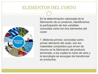 ELEMENTOS DEL COSTO

      En la determinación valorizada de la
      fabricación de un producto, identificamos
      la participación de tres variables
      conocidas como los tres elementos del
      costo:

      1. Materias primas: conocidas como
      primer elemento del costo, son los
      materiales comprados que sirven de
      insumo en la fabricación del producto
      terminado, a los cuales la mano de obra y
      la tecnología se encargan de transformar
      en productos.
 
