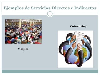 Ejemplos de Servicios Directos e Indirectos

Outsourcing

Maquila

 