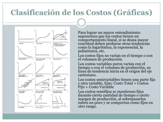 Clasificación de los Costos (Gráficas)
Asumimos, por cuestiones de simplicar el
análisis, que los costos tienen un
comportamiento lineal, si se desea mayor
exactitud deben probarse otras tendencias
como la logarítmica, la exponencial, la
polinómica, etc.
Los costos fijos no varían en el tiempo o con
el volumen de producción.
Los costos variables puros varían con el
tiempo o con el volumen de producción, su
línea de tendencia inicia en el origen del eje
cartesiano.
Los costos semivariables tienen una parte fija
y otra variable, Ejm: Costo Total = Costos
Fijo + Costo Variable
Los costos semifijos se mantienen fijos
durante cierta cantidad de tiempo o cierto
margen de producción, al sobrepasarlos
suben un poco y se comportan como fijos en
otro rango.

 