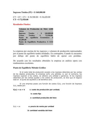 Ingresos Totales (IT) = $ 160,000.00
CT = CF + CV = $ 38,500.00 + $ 34,420.00
CT = $ 72,920.00
Resultados Finales:
Volumen de Producción de Miel: 4,000
Litros
Ingresos Totales : $ 160,000.00
Costos Totales: $ 72,920.00
Punto de equilibrio Económico: $
45,289.00
Punto de Equilibrio Productivo: $ 1132
Litros
La empresa por encima de los ingresos y volumen de producción representados
por el punto de equilibrio tendrá utilidades. En contraparte, Cuando se encuentre
por debajo del punto de equilibrio habrá de operar con perdidas.
De acuerdo con los resultados obtenidos la empresa en análisis opera con
rendimientos excelentes.
Punto de Equilibrio Método Gráfico
Si el costo total de producción excede a los ingresos obtenidos por las ventas
de los objetos producidos, la empresa sufre una pérdida; si, por el contrario, los
ingresos superan a los costos, se obtiene una utilidad o ganancia. Si los ingresos
obtenidos por las ventas igualan a los costos de producción, se dice que el negocio
está en el punto de equilibrio o de beneficio cero.
Si una empresa posee una función de costos C(x), una función de Ingresos
I(x), dadas por:
C(x) = cx + k c: costo de producción por unidad;
k: costo fijo
x: cantidad producida del bien
I(x) = sx s: precio de venta por unidad
X: cantidad vendida del bien
 