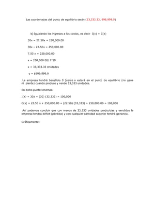 Las coordenadas del punto de equilibrio serán (33,333.33, 999,999.9)
b) Igualando los ingresos a los costos, es decir I(x) = C(x)
30x = 22.50x + 250,000.00
30x – 22.50x = 250,000.00
7.50 x = 250,000.00
x = 250,000.00/ 7.50
x = 33,333.33 Unidades
y = $999,999.9
La empresa tendrá beneficio 0 (cero) o estará en el punto de equilibrio (no gana
ni pierde) cuando produce y vende 33,333 unidades.
En dicho punto tenemos:
I(x) = 30x = (30) (33,333) = 100,000
C(x) = 22.50 x + 250,000.00 = (22.50) (33,333) + 250,000.00 = 100,000
Así podemos concluir que con menos de 33,333 unidades producidas y vendidas la
empresa tendrá déficit (pérdida) y con cualquier cantidad superior tendrá ganancia.
Gráficamente:
 