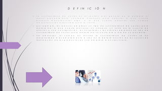 D E F I N I C I Ó N
 L a c o n t a b i l i d a d d e c o s t o s e n e l s e n t i d o m á s g e n e r a l d e l a p a l a b r a e s
a q u e l p r o c e d i m i e n t o c o n t a b l e d i s e ñ a d o p a r a c a l c u l a r l o q u e c u e s t a
p r o d u c i r m a n u f a c t u r a r a l g o , o l o q u e c u e s t a e l a b o r a r u n a u n i d a d
d e p r o d u c c i ó n d i s p o n i b l e p a r a l a v e n t a .
 p o r e j e m p l o , l o s b a n c o s e m p l e a n u n t i p o d e c o n t a b i l i d a d d e c o s t o s p a r a
d e t e r m i n a r l o q u e c u e s t a p r o c e s a r u n c h e q u e , u n r e t i r o d e l a c u e n t a d e
a h o r r o s o u n a c o n s i g n a c i ó n , l o s h o s p i t a l e s y l a s c l í n i c a s e m p l e a n u n t i p o d e
c o n t a b i l i d a d d e c o s t o s p a r a d e t e r m i n a r e l c o s t o d í a a d í a d e u n p a c i e n t e .
 S i n e m b a r g o , e l c a m p o e n d o n d e l a c o n t a b i l i d a d d e c o s t o s s e h a
d e s a r r o l l a d o m á s a m p l i a m e n t e a s i d o e n l a d e t e r m i n a c i ó n d e l o s c o s t o s d e
f a b r i c a c i ó n d e l o s p r o d u c t o s e n u n a e m p r e s a m a n u f a c t u r e r a .
I R A
D I A P O S I T I V A
2
 