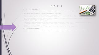 T I P O S
 C o s t o s s e m i v a r i a b l e s :
S o n a q u e l l o s q u e t i e n e n u n a r a í z f i j a y u n e l e m e n t o v a r i a b l e , s u f r e n m o d i f i c a c i o n e s b r u s c a s
a l o c u r r i r d e t e r m i n a d o s c a m b i o s e n e l v o l u m e n d e p r o d u c c i ó n o v e n t a .
C a r a c t e r í s t i c a s d e l o s c o s t o s v a r i a b l e s o d i r e c t o s :
N o e x i s t e c o s t o v a r i a b l e s i n o h a y p r o d u c c i ó n d e a r t í c u l o s o s e r v i c i o s .
L a c a n t i d a d d e c o s t o v a r i a b l e t e n d e r á a s e r p r o p o r c i o n a l a l a c a n t i d a d d e p r o d u c c i ó n .
E l c o s t o v a r i a b l e n o e s t á e n f u n c i ó n d e l t i e m p o . E l s i m p l e t r a n s c u r s o d e l t i e m p o n o s i g n i f i c a
q u e s e i n c u r r a e n u n c o s t o v a r i a b l e .
 C a r a c t e r í s t i c a s d e l o s c o s t o s f i j o s .
T i e n d e n a p e r m a n e c e r i g u a l e n t o t a l d e n t r o d e c i e r t o s m á r g e n e s d e c a p a c i d a d , s i n q u e
i m p o r t e e l v o l u m e n d e p r o d u c c i ó n l o g r a d a d e a r t í c u l o s o s e r v i c i o s .
E s t á n e n f u n c i ó n d e l t i e m p o .
E s t o s c o s t o s s o n n e c e s a r i o s p a r a m a n t e n e r l a e s t r u c t u r a d e l a e m p r e s a .
 L o s C o s t o s e s t i m a d o s :
R e p r e s e n t a n ú n i c a m e n t e u n a t e n t a t i v a e n l a a n t i c i p a c i ó n d e l o s c o s t o s r e a l e s y e s t á n
s u j e t o s a r e c t i f i c a c i o n e s a m e d i d a q u e s e c o m p a r a n c o n l o s m i s m o s .
I R A
D I A P O S I T I V A 2
 