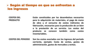  Según al tiempo en que se enfrentan a
los ingresos
COSTOS DEL
PRODUCTO
COSTOS DEL PERIODO
Están constituidos por los desembolsos necesarios
para la adquisición de materiales, el pago de mano
de obra y el consumo de costos indirectos de
fabricación, necesarios para la producción de un bien
o la prestación de un servicio. Los costos del
producto se conocen también como costos
inventariables.
Son los costos asociados con los ingresos del periodo
corriente, ejemplo: Costo de ventas, gastos de
administración, gastos de mercadeo y ventas.
 