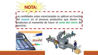 Las cantidades antes mencionadas se aplican en función
del avance en el proceso productivo que tienen los
productos al momento de hacer el corte del cierre del
ejercicio.
NOTA:
 