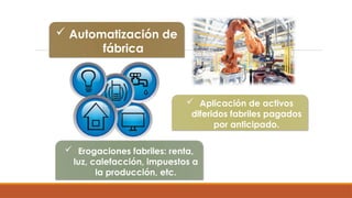  Automatización de
fábrica
 Aplicación de activos
diferidos fabriles pagados
por anticipado.
 Erogaciones fabriles: renta,
luz, calefacción, impuestos a
la producción, etc.
 