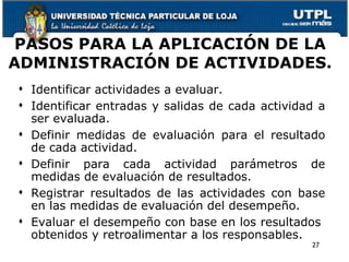 PASOS PARA LA APLICACIÓN DE LA ADMINISTRACIÓN DE ACTIVIDADES. Identificar actividades a evaluar. Identificar entradas y salidas de cada actividad a ser evaluada. Definir medidas de evaluación para el resultado de cada actividad. Definir para cada actividad parámetros de medidas de evaluación de resultados. Registrar resultados de las actividades con base en las medidas de evaluación del desempeño. Evaluar el desempeño con base en los resultados  obtenidos y retroalimentar a los responsables. 