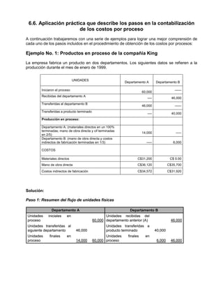 6.6. Aplicación práctica que describe los pasos en la contabilización
de los costos por proceso
A continuación trabajaremos con una serie de ejemplos para lograr una mejor comprensión de
cada uno de los pasos incluidos en el procedimiento de obtención de los costos por procesos:
Ejemplo No. 1: Productos en proceso de la compañía King
La empresa fabrica un producto en dos departamentos. Los siguientes datos se refieren a la
producción durante el mes de enero de 1999.
UNIDADES
Departamento A Departamento B
Iniciaron el proceso
60,000
------
Recibidas del departamento A
---- 46,000
Transferidas al departamento B
46,000 ------
Transferidas a producto terminado
---- 40,000
Producción en proceso:
Departamento A: (materiales directos en un 100%
terminadas; mano de obra directa y cif terminadas
en 2/5)
14,000 -----
Departamento B: (mano de obra directa y costos
indirectos de fabricación terminadas en 1/3) ----- 6,000
COSTOS
Materiales directos C$31,200 C$ 0.00
Mano de obra directa C$36,120 C$35,700
Costos indirectos de fabricación C$34,572 C$31,920
Solución:
Paso 1: Resumen del flujo de unidades físicas
60,000
60,000
14,000
46,000
Unidades finales en
proceso
Unidades transferidas al
siguiente departamento
Unidades iniciales en
proceso
Departamento A
46,000
6,000
Unidades finales en
proceso
40,000
Unidades transferidas a
producto terminado
46,000
Unidades recibidas del
departamento anterior (A)
Departamento B
60,000
60,000
14,000
46,000
Unidades finales en
proceso
Unidades transferidas al
siguiente departamento
Unidades iniciales en
proceso
Departamento A
46,000
6,000
Unidades finales en
proceso
40,000
Unidades transferidas a
producto terminado
46,000
Unidades recibidas del
departamento anterior (A)
Departamento B
 