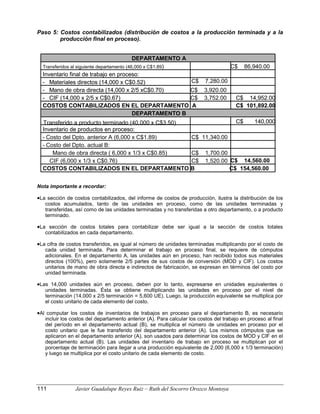 Paso 5: Costos contabilizados (distribución de costos a la producción terminada y a la
producción final en proceso).
Nota importante a recordar:
•La sección de costos contabilizados, del informe de costos de producción, ilustra la distribución de los
costos acumulados, tanto de las unidades en proceso, como de las unidades terminadas y
transferidas, así como de las unidades terminadas y no transferidas a otro departamento, o a producto
terminado.
•La sección de costos totales para contabilizar debe ser igual a la sección de costos totales
contabilizados en cada departamento.
•La cifra de costos transferidos, es igual al número de unidades terminadas multiplicando por el costo de
cada unidad terminada. Para determinar el trabajo en proceso final, se requiere de cómputos
adicionales. En el departamento A, las unidades aún en proceso, han recibido todos sus materiales
directos (100%), pero solamente 2/5 partes de sus costos de conversión (MOD y CIF). Los costos
unitarios de mano de obra directa e indirectos de fabricación, se expresan en términos del costo por
unidad terminada.
•Las 14,000 unidades aún en proceso, deben por lo tanto, expresarse en unidades equivalentes o
unidades terminadas. Ésta se obtiene multiplicando las unidades en proceso por el nivel de
terminación (14,000 x 2/5 terminación = 5,600 UE). Luego, la producción equivalente se multiplica por
el costo unitario de cada elemento del costo.
•Al computar los costos de inventarios de trabajos en proceso para el departamento B, es necesario
incluir los costos del departamento anterior (A). Para calcular los costos del trabajo en proceso al final
del período en el departamento actual (B), se multiplica el número de unidades en proceso por el
costo unitario que le fue transferido del departamento anterior (A). Los mismos cómputos que se
aplicaron en el departamento anterior (A), son usados para determinar los costos de MOD y CIF en el
departamento actual (B). Las unidades del inventario de trabajo en proceso se multiplican por el
porcentaje de terminación para llegar a una producción equivalente de 2,000 (6,000 x 1/3 terminación)
y luego se multiplica por el costo unitario de cada elemento de costo.
C$ 14,952.00
C$ 3,752.00
- CIF (14,000 x 2/5 x C$0.67)
C$ 3,920.00
- Mano de obra directa (14,000 x 2/5 xC$0.70)
C$ 7,280.00
- Materiales directos (14,000 x C$0.52)
Inventario final de trabajo en proceso:
C$ 86,940.00
C$ 11,340.00
- Costo del Dpto. anterior A (6,000 x C$1.89)
Inventario de productos en proceso:
C$ 140,000
DEPARTAMENTO B
C$ 101,892.00
COSTOS CONTABILIZADOS EN EL DEPARTAMENTO A
C$ 154,560.00
C$ 14,560.00
C$ 1,520.00
C$ 1,700.00
COSTOS CONTABILIZADOS EN EL DEPARTAMENTO B
Mano de obra directa ( 6,000 x 1/3 x C$0.85)
- Costo del Dpto. actual B:
DEPARTAMENTO A
C$ 14,952.00
- CIF (14,000 x 2/5 x C$0.67)
- Mano de obra directa (14,000 x 2/5 xC$0.70)
- Materiales directos (14,000 x C$0.52)
Inventario final de trabajo en proceso:
Transferidos al siguiente departamento (46,000 x C$1.89)
-
Inventario de productos en proceso:
C$ 140,000
DEPARTAMENTO B
C$ 101,892.00
COSTOS CONTABILIZADOS EN EL DEPARTAMENTO A
CIF (6,000 x 1/3 x C$0.76)
-
DEPARTAMENTO A
Transferido a producto terminado (40,000 x C$3.50)
111 Javier Guadalupe Reyes Ruiz – Ruth del Socorro Orozco Montoya
 