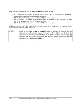 Operaciones relacionadas con los m ateriales indirectos ( nylon) :
• 5-11. Compra 300 metros de nylon por un valor total de factura de C$ 40,882.5.
Esta factura queda pendiente de pago a 30 días.
• 10-11. Envía a la producción un total de 180 m etros de nylon.
• 15-11. Compra 160 m etros de nylon a un costo total de C$ 20,000. Crédito a 30 días
por ¼ de la deuda, el resto se paga de contado.
• 25-11. Envía a la producción un total de 540 m etros de nylon.
El 26 de noviembre envió a producto terminado el total de la producción en proceso (tanto
de materiales directos como indirectos.
NOTA: Utilice el método costo prom edio para el registro y control de los
materiales, tanto directo como indirecto. Debe abrir una tarjeta de
control de inventario para cada tipo de material (directo e indirecto). El
consumo de materiales indirectos se registra como contrapartida del
inventario de control CI F real.
35 Javier Guadalupe Reyes Ruiz – Ruth del Socorro Orozco Montoya
 