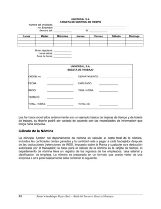 UNIVERSAL S.A.
TARJETA DE CONTROL DE TIEMPO
Nombre del empleado:
No. Empleado
Semana del: Al:
Lunes Martes Miércoles Jueves Viernes Sábado Domingo
Horas regulares:
Horas extras:
Total de horas:
UNIVERSAL, S.A.
BOLETA DE TRABAJO
ORDEN No: DEPARTAMENTO:
FECHA: EMPLEADO:
INICIO: TASA / HORA:
TERMINÓ:
TOTAL HORAS: TOTAL C$:
Los formatos mostrados anteriormente son un ejemplo básico de tarjetas de tiempo y de boleta
de trabajo, su diseño podrá ser variado de acuerdo con las necesidades de información que
tenga cada empresa.
Cálculo de la Nómina
La principal función del departamento de nómina es calcular el costo total de la nómina,
incluidas las cantidades brutas ganadas y la cantidad neta a pagar a cada trabajador después
de las deducciones (retenciones de INSS, Impuesto sobre la Renta y cualquier otra deducción
autorizada por el trabajador) la base para el cálculo de la nómina es la tarjeta de tiempo, el
departamento de nómina lleva un registro de los ingresos de los empleados, tasa salarial y
clasificación de empleos. La nómina es preparada en un formato que puede variar de una
empresa a otra pero básicamente debe contener lo siguiente:
49 Javier Guadalupe Reyes Ruiz – Ruth del Socorro Orozco Montoya
 