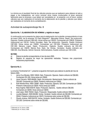 La nómina es el resultado final de los cálculos previos que se realizaron para obtener el neto a
pagar a los trabajadores, así como conocer otros costos involucrados al tener personal
laborando para la empresa y que deben ser cancelados en el presente y en el futuro, existen
cálculos que son realizados al momento de la elaboración de la planilla y cálculos que deben
ser realizados al momento de la contabilización.
Actividad de autoaprendizaje No. 8
Ejercicio No. 1. ELABORACIÓN DE NÓMINA y registro en mayor.
A continuación se le presenta los datos para la elaboración de la planilla correspondiente al mes
de enero 2005, de la empresa “El Paso Elegante6
”: Mercedes Urbina. Depto. De producción.
Operaria. Sueldo ordinario C$6,040. Horas extras por C$220. Comisariato por C$630. Préstamo
institucional por C$130. Carlos González. Dpto. De producción. Operario. Sueldo Ordinario
C$7,000. Horas extras por C$260. Comisariato por C$1,850. Préstamo institucional por
C$1,300. Mariano López. Depto. Producción. Vigilante. Sueldo ordinario de C$1,235.
Comisariato por C$230. Marcia Ruiz. Dpto. De Ventas. Vendedor. Sueldo ordinario por
C$8,300. Ana Miranda. Admón General. Administradora. Sueldo ordinario por C$14,500.
SE PIDE:
a) Elabore la planilla correspondiente al mes de enero 2005.
b) Registre en esquema de mayor las operaciones realizadas. Treceavo mes proporcional.
Vacaciones proporcionales.
Ejercicio No. 2.
La empresa “Continental S.A7.”, presenta la siguiente información para elaborar la planilla del mes de
febrero 2005.
1. Jenny Cruz Morales. INSS 128345. Dpto. Producción. Operaria. Salario ordinario de C$6,800.
Comisariato C$1,200. Horas extras por C$500.
2. Javier Cárcamo. INSS 894565. Depto. De producción. Mantenimiento. Salario ordinario de
C$5,600. Comisariato por C$500. Préstamo institucional por C$500.
3. Ruth Nohelia Pérez. INSS 126987. Depto. Producción. Operaria. C$7,200. Comisariato por C$300.
Préstamo institucional por C$250. Horas extras por C$300.
4. Rosa Argeñal. INSS 943578. Depto. Producción. Operaria.. Sueldo ordinario C$6,300.
Comisariato por C$400. Horas extras por C$250.
5. José López. INSS 784532. Depto. Producción. Responsable. Sueldo ordinario C$8,500.
6. Lourdes Malespín. INSS 694389. Ventas. Vendedor. Sueldo ordinario de C$5,000. Comisariato por
C$540. Préstamo institucional por C$470. Comisiones sobre ventas de C$2,200.
7. Claudio Jiménez. INSS 954720. Ventas. Vendedor. Sueldo Ordinario de C$5,000. Comisariato por
C$1,200. Comisiones sobre ventas de C$2,800.
6 Elaborado por: R. Orozco, 2008.
7 Elaborado por: R. Orozco, 2008.
 