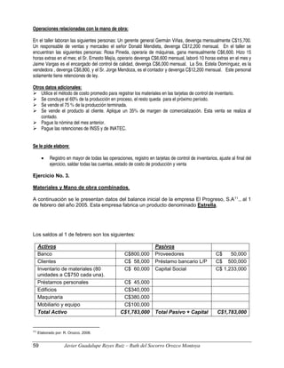 Operaciones relacionadas con la mano de obra:
En el taller laboran las siguientes personas: Un gerente general Germán Viñas, devenga mensualmente C$15,700.
Un responsable de ventas y mercadeo el señor Donald Mendieta, devenga C$12,200 mensual. En el taller se
encuentran las siguientes personas: Rosa Pineda, operaria de máquinas, gana mensualmente C$6,600. Hizo 15
horas extras en el mes; el Sr. Ernesto Mejía, operario devenga C$6,600 mensual, laboró 10 horas extras en el mes y
Jaime Vargas es el encargado del control de calidad, devenga C$6,000 mensual. La Sra. Estela Domínguez, es la
vendedora , devenga C$6,800, y el Sr. Jorge Mendoza, es el contador y devenga C$12,200 mensual. Este personal
solamente tiene retenciones de ley.
Otros datos adicionales:
 Utilice el método de costo promedio para registrar los materiales en las tarjetas de control de inventario.
 Se concluye el 60% de la producción en proceso, el resto queda para el próximo período.
 Se vende el 75 % de la producción terminada.
 Se vende el producto al cliente. Aplique un 35% de margen de comercialización. Esta venta se realiza al
contado.
 Pague la nómina del mes anterior.
 Pague las retenciones de INSS y de INATEC.
Se le pide elabore:
• Registro en mayor de todas las operaciones, registro en tarjetas de control de inventarios, ajuste al final del
ejercicio, saldar todas las cuentas, estado de costo de producción y venta
Ejercicio No. 3.
Materiales y Mano de obra combinados.
A continuación se le presentan datos del balance inicial de la empresa El Progreso, S.A11
., al 1
de febrero del año 2005. Esta empresa fabrica un producto denominado Estrella.
Los saldos al 1 de febrero son los siguientes:
Activos Pasivos
Banco C$800,000 Proveedores C$ 50,000
Clientes C$ 58,000 Préstamo bancario L/P C$ 500,000
Inventario de materiales (80
unidades a C$750 cada una).
C$ 60,000 Capital Social C$ 1,233,000
Préstamos personales C$ 45,000
Edificios C$340,000
Maquinaria C$380,000
Mobiliario y equipo C$100,000
Total Activo C$1,783,000 Total Pasivo + Capital C$1,783,000
11 Elaborado por: R. Orozco, 2008.
59 Javier Guadalupe Reyes Ruiz – Ruth del Socorro Orozco Montoya
 